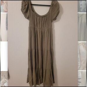 American Eagle Outfitters Olive Tiered Maxi Dress with Puff Sleeves